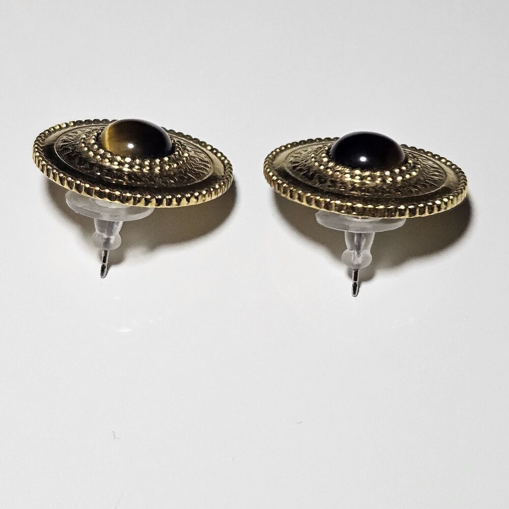**Final Sale** Vintage 1928 Gold Tone Round Brown Tiger's Eye Earrings - Picture 10 of 12